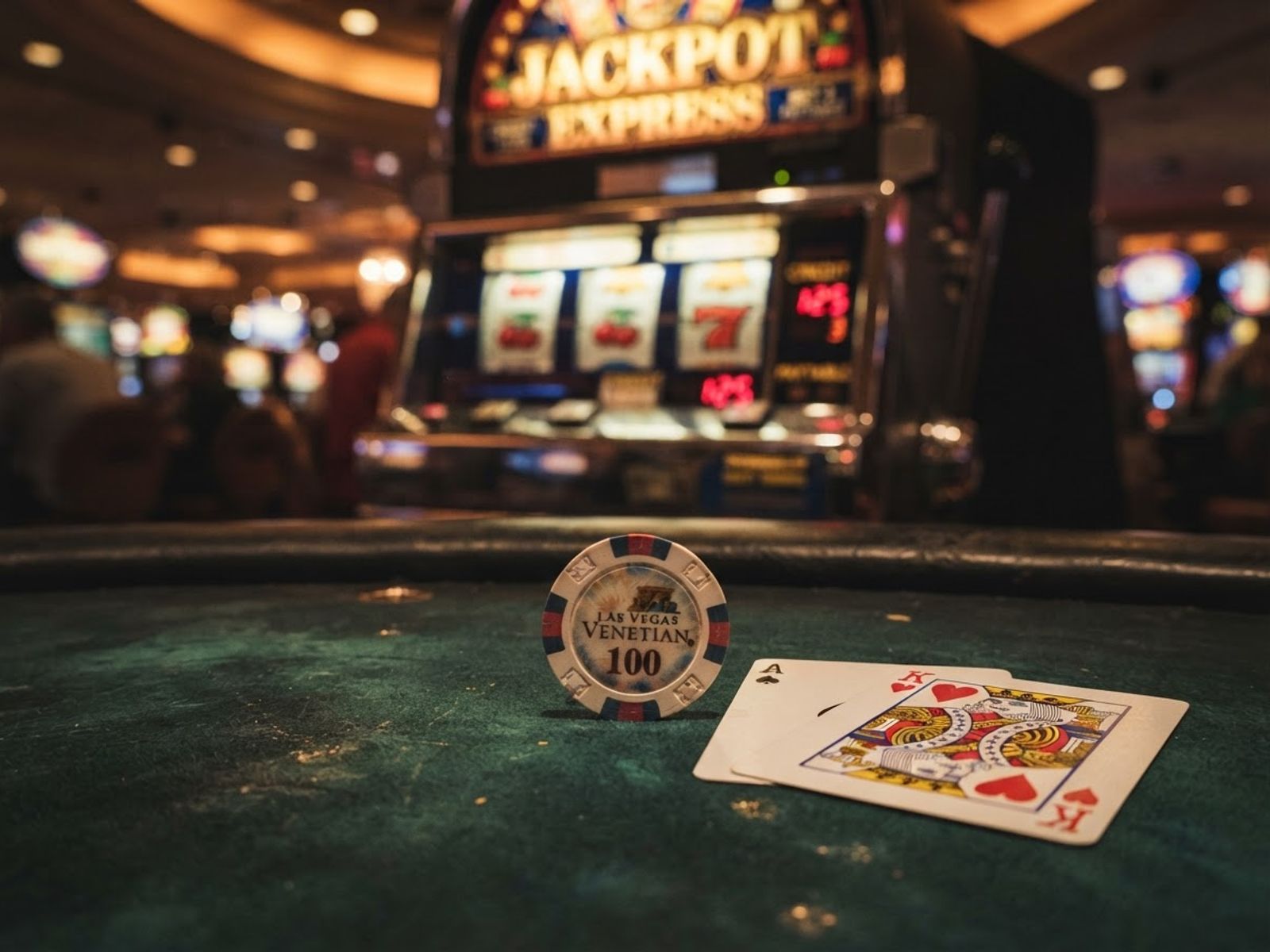 Fichas de casino y naipes sobre tapete de juego