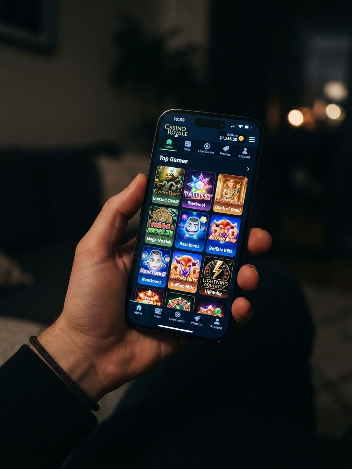 Aplicación móvil de casino mostrada en un teléfono