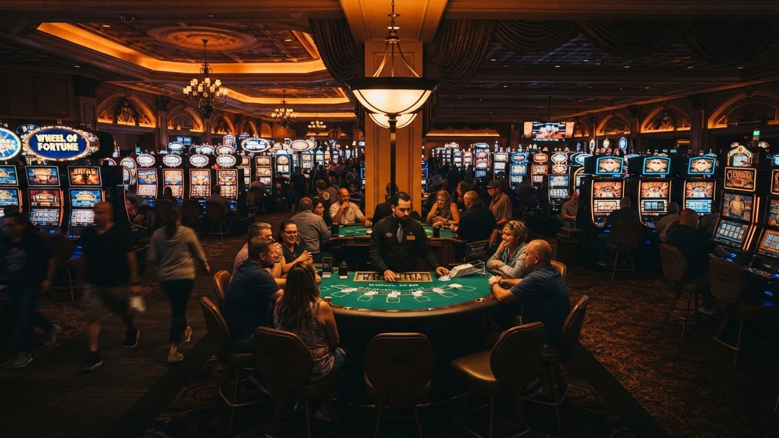 Interior de casino con tragamonedas y mesa de juego