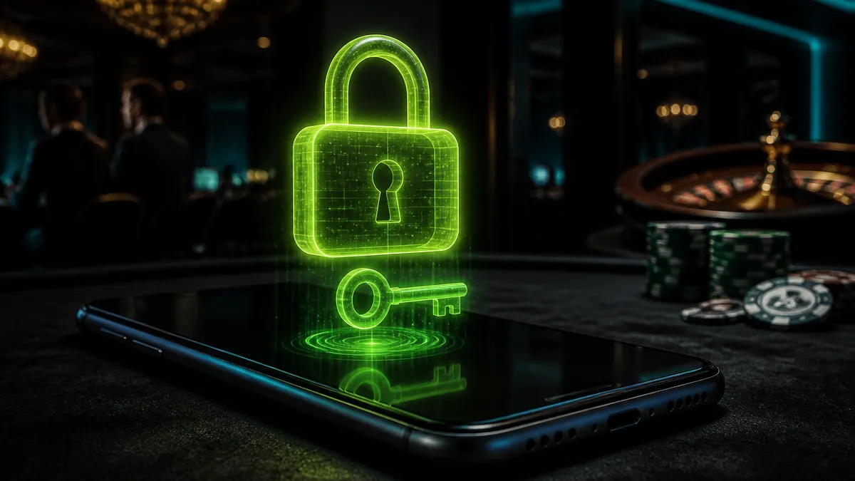Smartphone con un candado y una llave luminosos sobre una mesa de casino