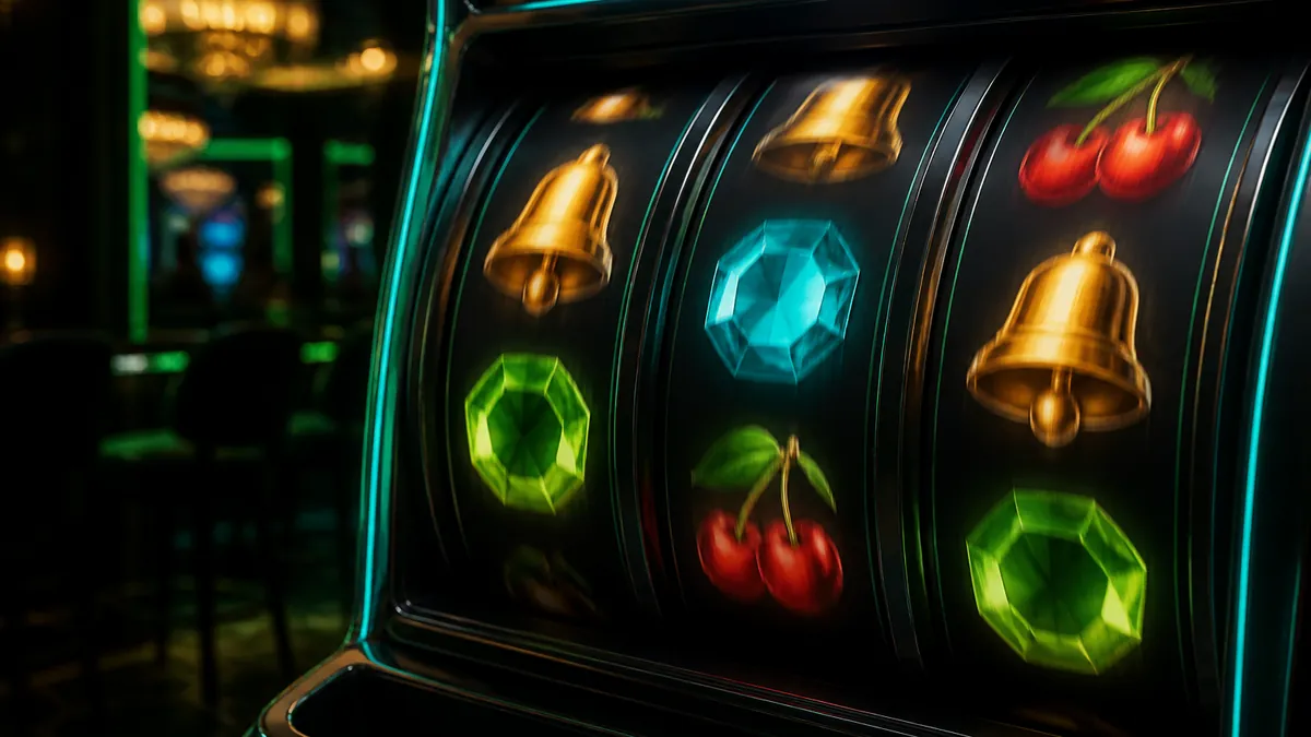 Rodillos de tragamonedas de cristal oscuro girando con luces verdes y turquesa