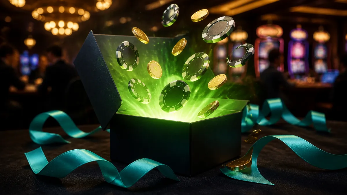 Caja de regalo abierta con fichas de casino y monedas flotando sobre una luz verde