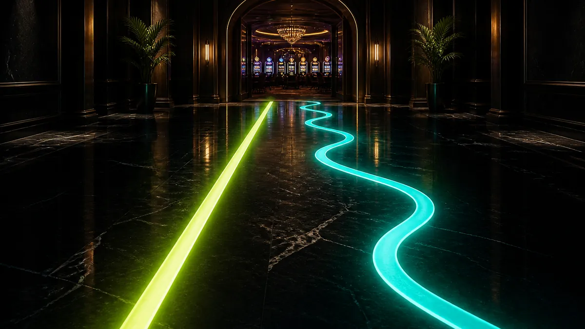 Dos caminos de luz, uno verde recto y otro turquesa sinuoso, que llevan a la entrada de un casino