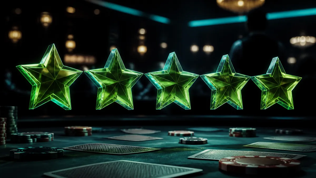 Cinco estrellas de cristal verde flotando sobre una mesa de casino con fichas y cartas