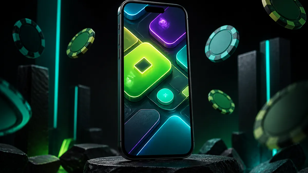 Smartphone sobre un pedestal oscuro con mosaicos de juegos luminosos y fichas de casino flotando