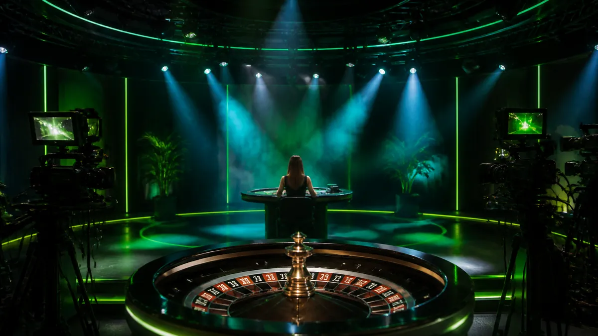 Estudio de casino en directo con mesa de ruleta, focos y cámaras de televisión