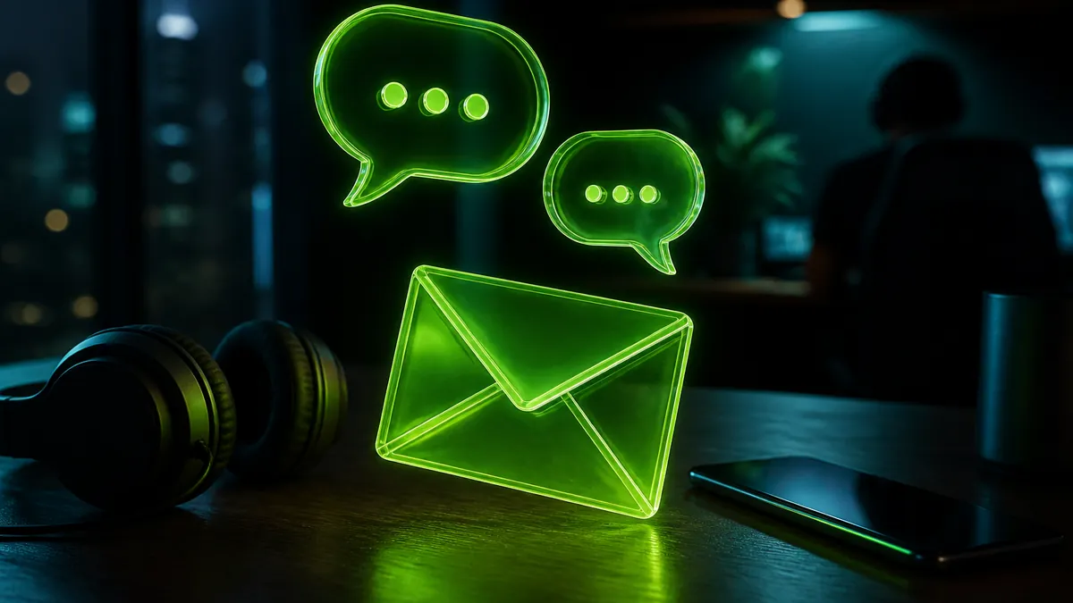 Burbujas de chat y un sobre de cristal verde luminoso sobre un escritorio con auriculares